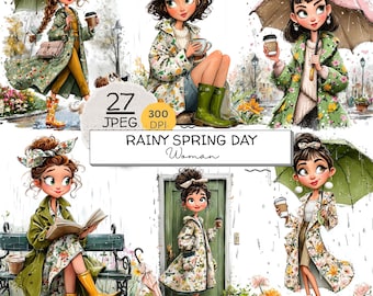 27 Cliparts zum Thema „Regnerischer Frühlingstag“: Mädchen im Regenmantel (digitale JPEG-Datei), Mädchen mit Regenschirm, Frühlingsmode-Illustrationen, Planer-Sticker
