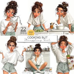 Clipart de uma menina cozinhando, mas com dificuldades, mulher engraçada na cozinha, menina fazendo tarefas domésticas, artesanato, projetos, desenhos para sublimação