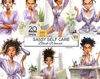 Black Woman Self Care Clipart Bundle, Sassy Afro Girl JPEG Art for Projects, Scrapbook, Crafts