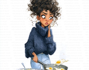 Imágenes prediseñadas en formato JPEG de una divertida mujer negra cocinando, chef afro, repostera, diario de recetas, manualidades, proyectos y álbumes de recortes.