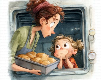 Funny Baking Mom and Child Clipart Jpeg Bundle, Cute Kitchen Scene Art, Quirky Family, Mother's day Clipart, Crafts