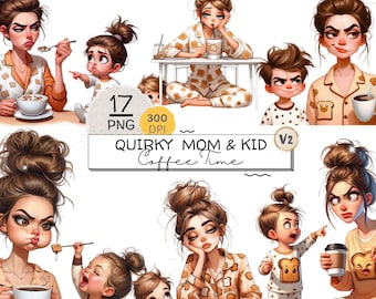 Quirky Mom and Child Coffee Time Clipart, Funny Morning Coffee PNG, Funny Family, Tired Mom Life, Cute Pajama Mom, Projects, Sublimation