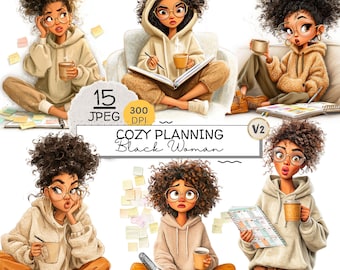 Peut inclure: Illustrations numériques d'une femme noire dans un cadre douillet, portant un sweat à capuche et des lunettes, avec du café et des cahiers. Le texte "COZY PLANNING BLACK WOMAN" est visible. L'image comprend 15 fichiers JPEG à 300 DPI.