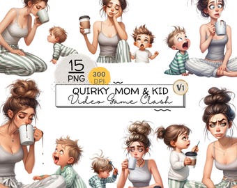 Clipart de Mamá y Niño: Café, Café Matutino Divertido PNG, Familia Divertida, Vida de Mamá Cansada, Clipart del Día de la Madre, Proyecto, Sublimación