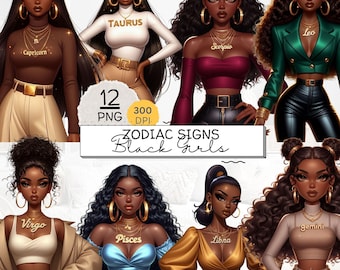 Pacote de Clipart de Signos do Zodíaco para Garotas Negras, Signos do Horóscopo em PNG, Clipart Astrológico em Aquarela, Signos do Zodíaco para Garotas Afro-Americanas, PNG para Sublimação de Signos do Zodíaco