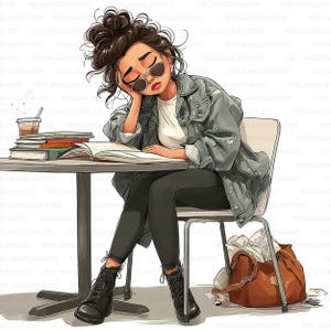 Cozy Girl Journaling at Cafe Clipart, Reading Planner Girl JPEG, Studying Girl, Projects, Crafts, Scrapbooking Graphics
