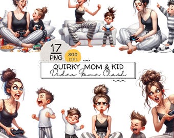 Quirky Mom and Kid Video Game Clipart, Funny Gamer Mom Life PNG Bundle, Playtime Battle Illustrations, Commercial Use Graphics, Sublimation