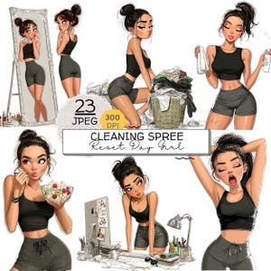 Può includere: Illustrazioni digitali di una donna in varie pose, che indossa un top corto nero e pantaloncini grigi. Le immagini la raffigurano in diversi scenari, tra cui pulire, guardarsi allo specchio e lavorare a una scrivania. Il testo sull'immagine recita "CLEANING SPREE Reset Day Girl."