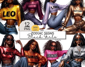 Pacote de Clipart de Signos do Zodíaco para Garotas Negras, Signos do Horóscopo em PNG, Clipart Astrológico em Aquarela, Signos do Zodíaco para Garotas Afro-Americanas, PNG para Sublimação de Signos do Zodíaco