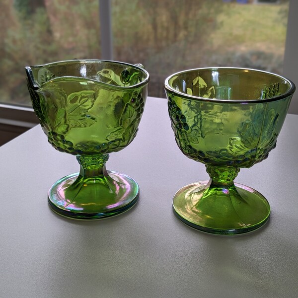 Indiana Carnival Glass - Vintage Iridescent Green Cream And Sugar Set