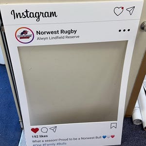 May include: A white Instagram-style photo frame with a logo for Norwest Rugby. The frame has a cut-out for a photo and text that reads "Norwest Rugby, Alwyn Lindfield Reserve". The bottom of the frame has a heart, a paper airplane, and the text "192 likes, What a season! Proud to be a Norwest Bull #One #Family #Bulls".