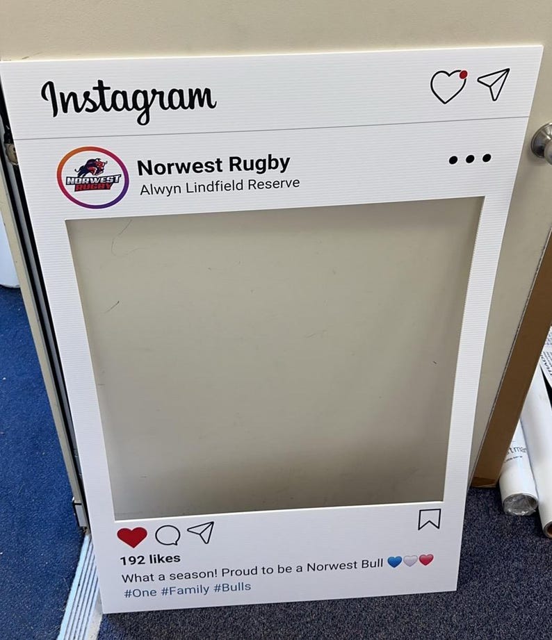 May include: A white Instagram-style photo frame with a logo for Norwest Rugby. The frame has a cut-out for a photo and text that reads "Norwest Rugby, Alwyn Lindfield Reserve". The bottom of the frame has a heart, a paper airplane, and the text "192 likes, What a season! Proud to be a Norwest Bull #One #Family #Bulls".