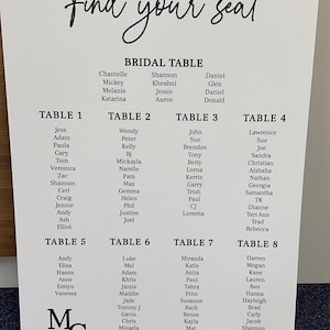 May include: A white seating chart with the words "Find your seat" at the top. The chart lists tables numbered 1 through 8 with names of guests assigned to each table. The chart also includes a "Bridal Table" with the names of the wedding party.