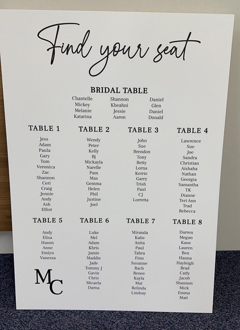 May include: A white seating chart with the words "Find your seat" at the top. The chart lists tables numbered 1 through 8 with names of guests assigned to each table. The chart also includes a "Bridal Table" with the names of the wedding party.