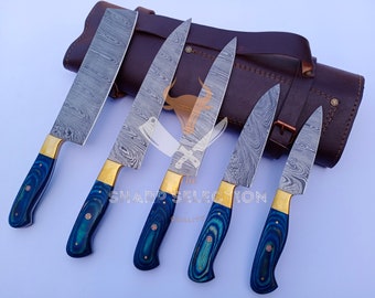 Muttertagsgeschenk Hochwertiges Full Tang Damaskus Stahl Kochmesser Set - Küchenmesser Set - 5-teiliges Messerset - Damaskus Küchenmesser Set.