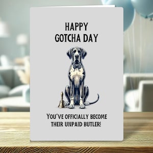 Divertente biglietto di auguri per il Gotcha Day: "Buon Gotcha Day, sei ufficialmente diventato il loro maggiordomo non pagato!" - Per i proprietari di cani salvati o genitori di animali domestici
