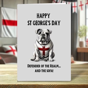 Carte drôle de Saint-Georges - British Bulldog Defender of the Realm - Carte de voeux patriotique d'Angleterre pour les amoureux des chiens