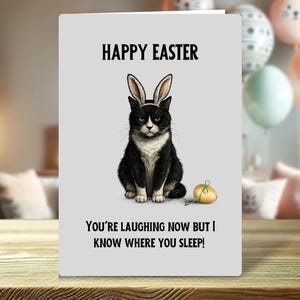 May include: Easter card with a black and white cat wearing bunny ears. The text on the card reads "Happy Easter" and "You're laughing now but I know where you sleep!" A humorous Easter greeting.