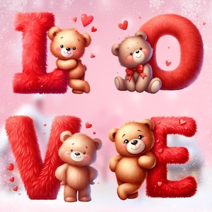 Acuarela San Valentín oso de peluche alfabeto clipart conjunto, 48 PNG lindo oso de peluche clipart, números de fiesta de invitación de tarjeta de cumpleaños, uso comercial
