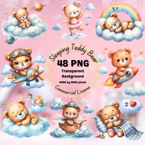 Watercolor Sleeping Teddy Bears Collection Clipart, 48 PNG Cute Teddy Bear On The Moon Clipart, Boho Teddy Bear Clipart, Commercial Use