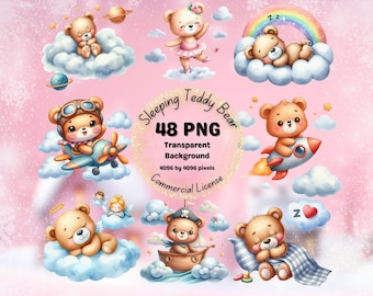 Coleção de ursinhos de pelúcia dormindo em aquarela, 48 PNG, ursinho de pelúcia fofo na lua, clipart de urso de pelúcia boho, uso comercial
