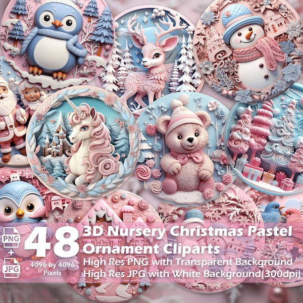 3D Nursery Christmas Pastel Ornament 48 PNG Bundle Sublimation Design Festive Round Sticker Stylish 3D Effect Round Xmas Decoration Clipart