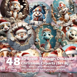 Weihnachten 3D Durchbruch Ornament Set B Cliparts PNG Bundle Sublimation Design Festliche runde Aufkleber Lustige 3D Effekt Weihnachtsdekoration