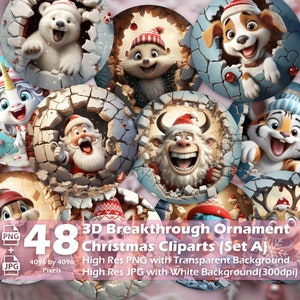 Weihnachten 3D Break Durch Ornament Set A Cliparts PNG Bundle Sublimation Design Festliche Runde Aufkleber Lustige 3D Effekt Weihnachtsdekoration
