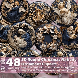 May include: Set of 48 round Christmas nativity ornament clipart images. The images feature a variety of scenes, including the nativity, angels, and wreaths. The images are in high resolution and have a transparent background.