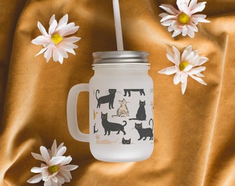 Kitty Cat Frosted Mason Jar With Straw Gift Glass Mason Jar With Lid Cocktail Jar Cute Cat Lover Decorated Jar For Drinks