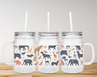 Animal Pattern Frosted Mason Jar Gift Wild Animals Big Glass Jar Drinkware For Cocktails