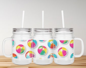 Summer Beach Ball Frosted Mason Jar With Straw Gift Glass Mason Jar With Lid Cocktail Jar Cute Decorated Jar For Drinks
