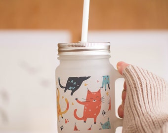 Funny Cat Frosted Mason Jar With Straw Gift Glass Mason Jar With Lid Cocktail Jar Cute Cat Lover Decorated Jar For Drinks