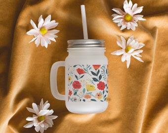 Cute Floral Frosted Mason Jar Drinking Glass | Flower Mason Jar Mug Gift For Friends I Drinkware Essential | Beverage Glass Jar Cup