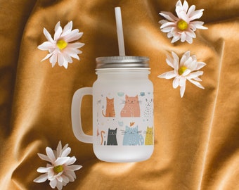 Kitty Cat Frosted Mason Jar With Straw Gift Glass Mason Jar With Lid Cocktail Jar Cute Cat Lover Decorated Jar For Drinks
