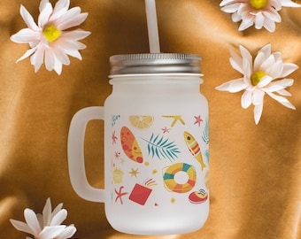 Beach Vibes Frosted Mason Jar With Straw Gift Glass Mason Jar With Lid Cocktail Jar Cute Decorated Jar For Drinks