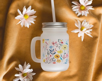 Blumen mattiertes Einmachglas Trinkglas | Blumenmuster Einmachglas Becher Geschenk für Freunde I Cocktail Trinkgefäß Essential | Getränke Glas