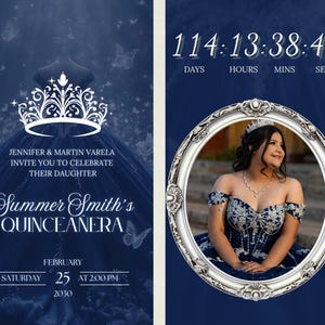May include: A navy blue quincea&ntilde;era invitation with a countdown timer. The invitation includes the text "Jennifer & Martin Varela invite you to celebrate their daughter Summer Smith's Quincea&ntilde;era" and event details.