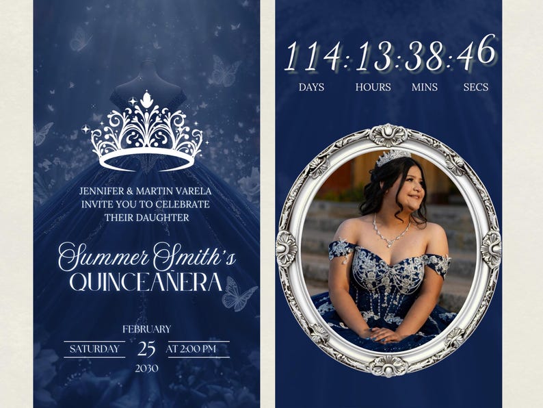 May include: A navy blue quincea&ntilde;era invitation with a countdown timer. The invitation includes the text "Jennifer & Martin Varela invite you to celebrate their daughter Summer Smith's Quincea&ntilde;era" and event details.