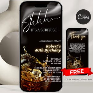 Digital Men&#39;s Surprise Birthday Party Invite, Whiskey Theme Party, Any Age, Personalized for Any Age 30th 40th 50th 60th, Instant Download