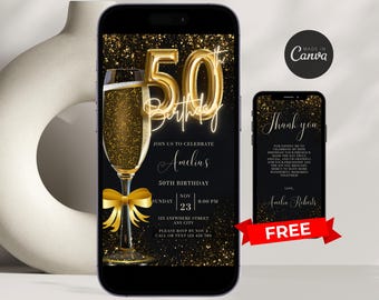 Invitación digital de 50 cumpleaños para mujer. Invitación editable de 50 cumpleaños. Invitación virtual de 50 cumpleaños en negro y dorado. Invitación para ella.