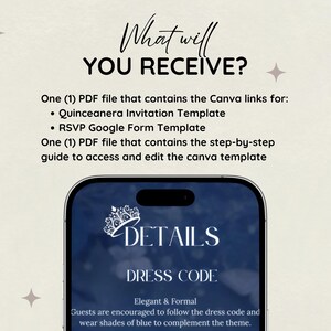 May include: Digital invitation template with the text "What will YOU RECEIVE?" and details for a Quinceanera. The image includes a smartphone screen displaying "DETAILS" and "DRESS CODE" with instructions for guests to wear blue.
