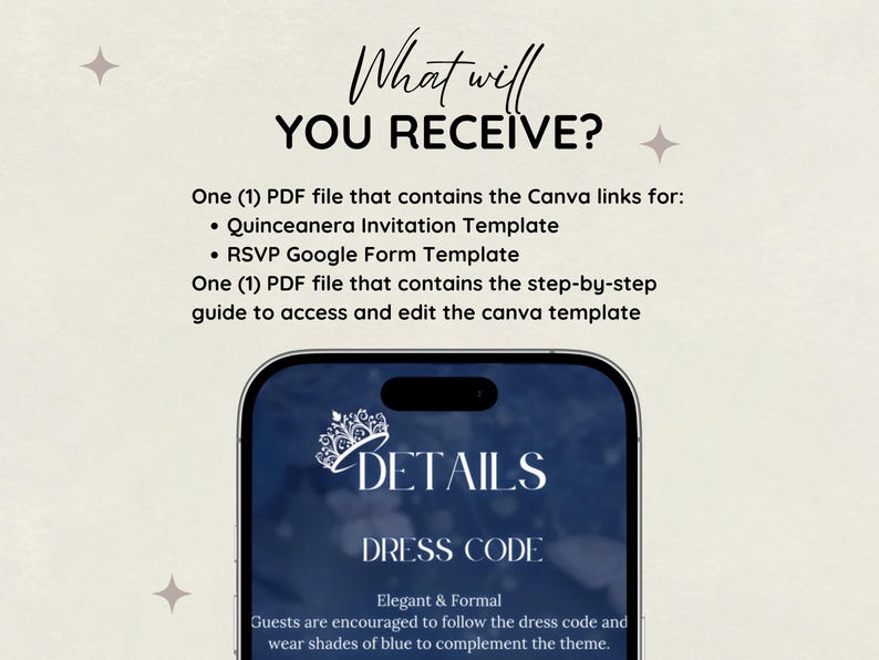 May include: Digital invitation template with the text "What will YOU RECEIVE?" and details for a Quinceanera. The image includes a smartphone screen displaying "DETAILS" and "DRESS CODE" with instructions for guests to wear blue.