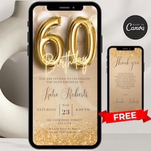 Invito digitale per il 60° compleanno per le donne Invito modificabile per il 60° compleanno Invito virtuale per la festa dei 60 anni in oro per lei Invito di compleanno per lei
