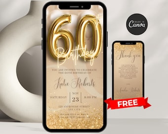Digital 60th Birthday Invitation For Women Editable 60th Invite Evite Virtual Gold Sixty Party Invite For Her Birthday Invite For Her