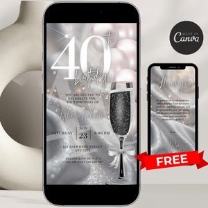 Digital 40th Birthday Invitation For Women Editable 40th Invite Evite Virtual Silver Forty Party Invite For Her Birthday Invite For Her