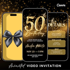 Digital 50th Birthday Invitation Gold and Black Theme Elegant Birthday Party Invite Editable Template Adult Birthday Celebration