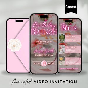 May include: Three smartphones displaying a digital birthday brunch invitation. The screens feature pink floral graphics, elegant typography, and event details including the name Angel Smith, the 30th birthday, date, time, location, and RSVP information.