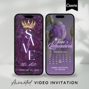 May include: Two smartphones displaying a digital Quinceañera invitation. The left screen features a gold crown, purple roses, and the text SAVE the date FEBRUARY 25, 2030. The right screen shows Jane's Quinceañera, a February 2030 calendar, and text.