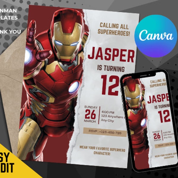 Ironman Invitation for Ironman Birthday Party Invite for Iron man Party Invitation Template for Marvel Superhero Birthday Party Invite